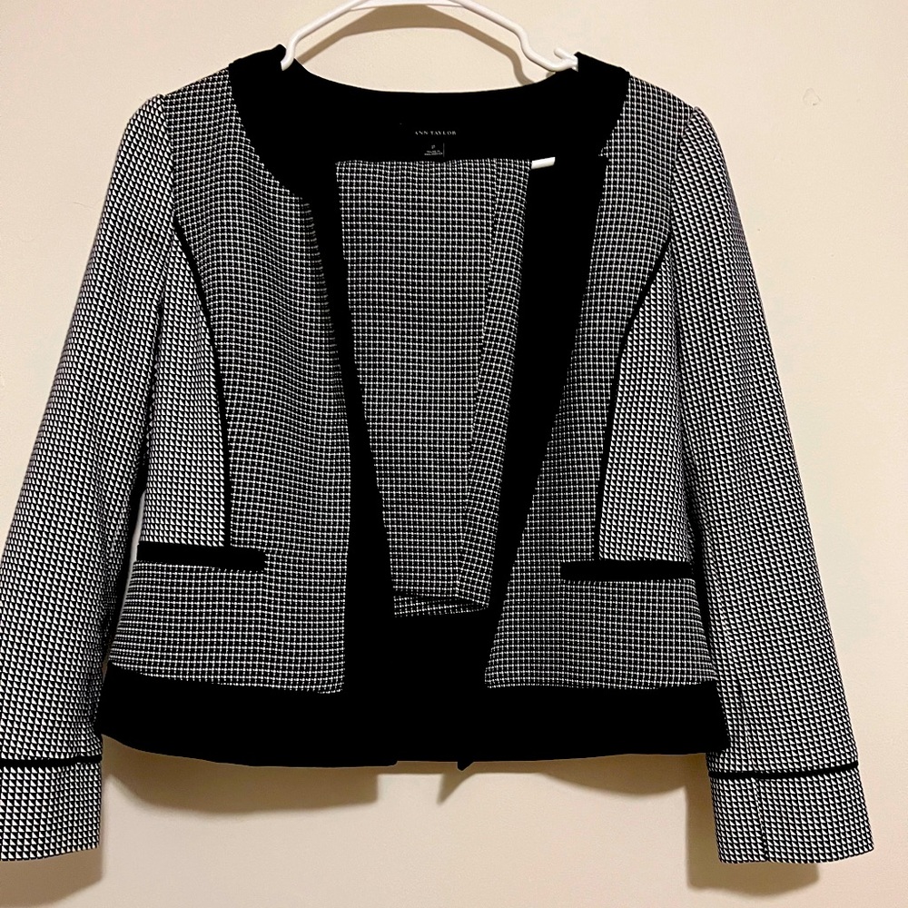 Ann Taylor Black and White Tweed Open Front Blazer